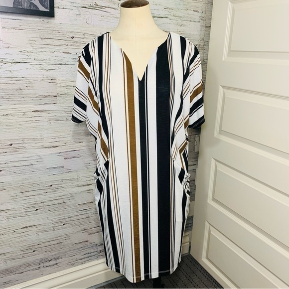 Azul By Moussy Shirt Dress Sz S White Coastal Striped Short Sleeves Midi Shif - Picture 13 of 13